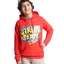 Pine Kids Cotton Knitted Full Sleeves Hooded Sweatshirt With Text Print - Red