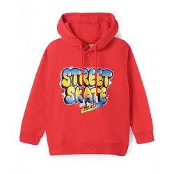 Pine Kids Cotton Knitted Full Sleeves Hooded Sweatshirt With Text Print - Red