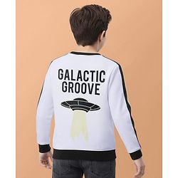 Pine Kids Cotton Knit Full Sleeves Sweatshirt with Stripes & Space Theme Print - White