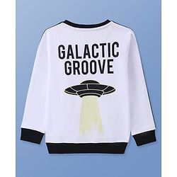 Pine Kids Cotton Knit Full Sleeves Sweatshirt with Stripes & Space Theme Print - White