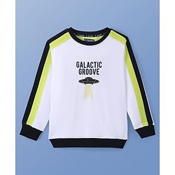 Pine Kids Cotton Knit Full Sleeves Sweatshirt with Stripes & Space Theme Print - White