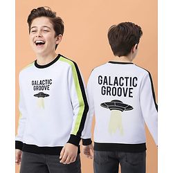 Pine Kids Cotton Knit Full Sleeves Sweatshirt with Stripes & Space Theme Print - White