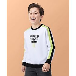 Pine Kids Cotton Knit Full Sleeves Sweatshirt with Stripes & Space Theme Print - White