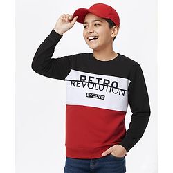 Pine Kids Knit Full Sleeves Sweatshirt Text Print - Red & Black
