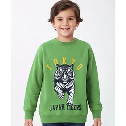 Pine Kids Cotton Full Sleeves Sweatshirt Tiger & Text Print - Green