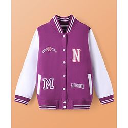 Pine Kids Cotton Knit Full Sleeves Bomber Jacket With Text Embroidery - Purple & White