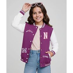 Pine Kids Cotton Knit Full Sleeves Bomber Jacket With Text Embroidery - Purple & White