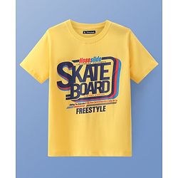 Pine Kids Cotton Knit Half Sleeves T-Shirt Text Print - Yellow