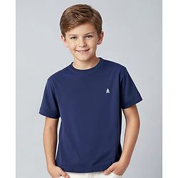 Pine Kids Cotton Knit Half Sleeves T-Shirt with Logo Print -Blue