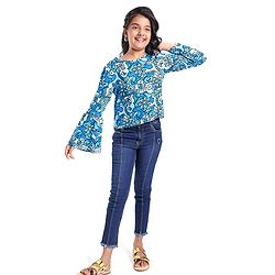 Pine Kids Cotton Knit Bell Sleeves Floral Printed Top - Multicolour