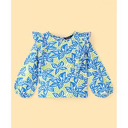 Pine Kids Cotton Knit Full Sleeves Top with Frill Detailing Leaf Print - Multicolour
