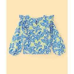 Pine Kids Cotton Knit Full Sleeves Top with Frill Detailing Leaf Print - Multicolour
