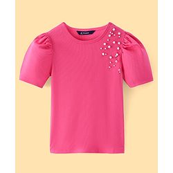 Pine Kids Cotton Rib Puff Sleeves Pearl Embellished Solid Top - Hot Pink