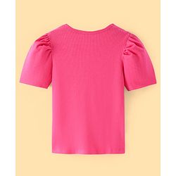 Pine Kids Cotton Rib Puff Sleeves Pearl Embellished Solid Top - Hot Pink