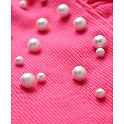 Pine Kids Cotton Rib Puff Sleeves Pearl Embellished Solid Top - Hot Pink