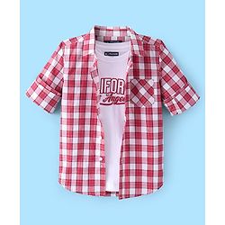 Pine Kids Cotton Woven Full Sleeves  Checked Shirt with T-Shirt-  Red & White