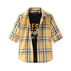 Pine Kids Cotton Woven Full Sleeves Check Shirt with Best Together Printed T-Shirt - Yellow & Black