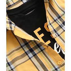 Pine Kids Cotton Woven Full Sleeves Check Shirt with Best Together Printed T-Shirt - Yellow & Black