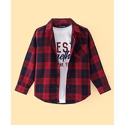 Pine Kids  Cotton Woven Full Sleeves Checks Shirt with Best Together Printed  T- Shirt -Red & White