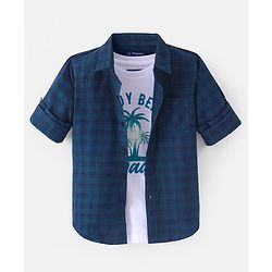 Pine Kids Cotton Woven Full Sleeves  Checked Shirt with T-Shirt-  Peacock Green