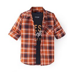 Pine Kids Cotton Woven Full Sleeves  Checked Shirt with T-Shirt- Orange