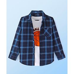 Pine Kids Cotton Woven Full Sleeves Checks Shirt with Basketball Printed T- Shirt -Blue & White
