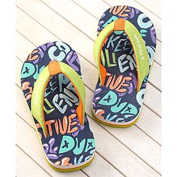 Pine Kids Slip On Flip Flops with Text Print - Navy Blue & Lime