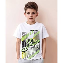 Pine Kids Cotton Knit Half Sleeves T-Shirt with Bicycle Graphics - White