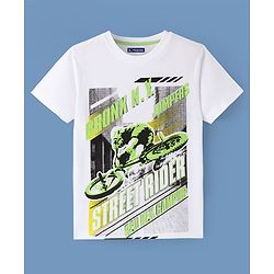 Pine Kids Cotton Knit Half Sleeves T-Shirt with Bicycle Graphics - White
