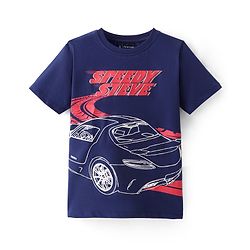 Pine Kids Cotton Knit Half Sleeves T-Shirt Car Print - Navy Blue