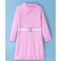 Pine Kids Full Sleeves Fine Knit Solid Woollen Dress with Belt - Light Pink
