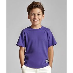 Pine Kids Cotton Knit Half Drop Shoulder Sleeves Oversized T-Shirt With Badge - Purple