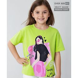 Pine Kids Cotton Knit Half Drop Shoulder Sleeves Oversized T-Shirt with Text Print - Lime Green