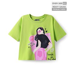 Pine Kids Cotton Knit Half Drop Shoulder Sleeves Oversized T-Shirt with Text Print - Lime Green
