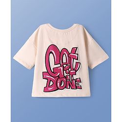 Pine Kids Cotton Knit Half Drop Shoulder Sleeves Text Printed Oversized T-Shirt - Cream