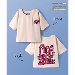 Pine Kids Cotton Knit Half Drop Shoulder Sleeves Text Printed Oversized T-Shirt - Cream