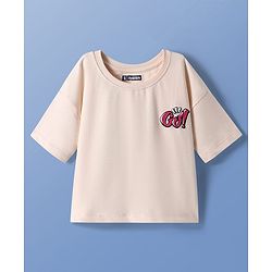 Pine Kids Cotton Knit Half Drop Shoulder Sleeves Text Printed Oversized T-Shirt - Cream
