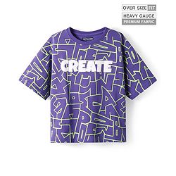 Pine Kids Cotton Knit Half Sleeves T-Shirt With All Over Text Print - Purple