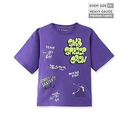 Pine Kids Cotton Knit Half Sleeves T-Shirt With Text Print - Purple