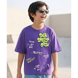 Pine Kids Cotton Knit Half Sleeves T-Shirt With Text Print - Purple