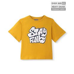Cotton Half Sleeves Oversize T-shirt with Text Print - Golden