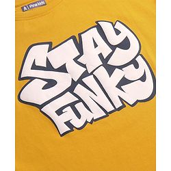 Cotton Half Sleeves Oversize T-shirt with Text Print - Golden