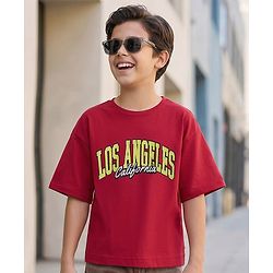 Pine Kids Cotton Knit Half Sleeves Text Printed T-Shirt - Red
