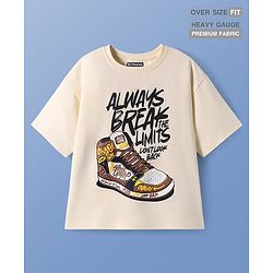 Pine Kids Cotton Knit  Drop Shoulder Sleeves T-Shirt With Shoes & Text Print - Peach