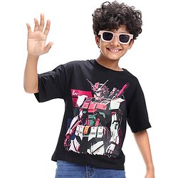 Pine Kids Cotton Knit Half Sleeves Over Sized T-Shirt with Transformer Print - Black
