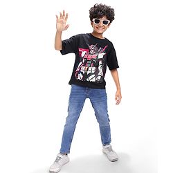 Pine Kids Cotton Knit Half Sleeves Over Sized T-Shirt with Transformer Print - Black