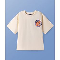 Pine Kids Cotton Knit Oversized Half Sleeves T-Shirt with Text Print - Cream