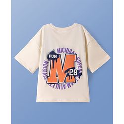 Pine Kids Cotton Knit Oversized Half Sleeves T-Shirt with Text Print - Cream