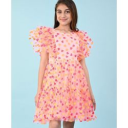 Pine Kids Sleeveless Heart Glitter Print Knee Length Party Dress- Peach