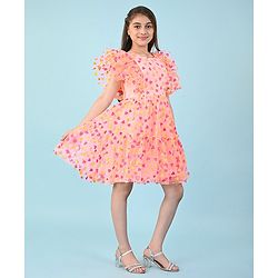 Pine Kids Sleeveless Heart Glitter Print Knee Length Party Dress- Peach